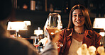 Woman, happy and toast on date at restaurant with wine glass, cheers and bonding for relationship goals. Girl, couple and alcohol with celebration, excited and romantic night with drinks at diner