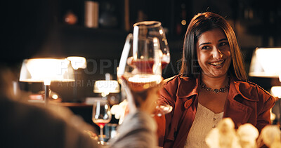 Buy stock photo Woman, celebration and toast on date at restaurant with wine glass, cheers and bonding for relationship goals. Girl, couple and alcohol with smile, excited and romantic night with drinks at diner