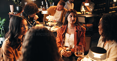 Buy stock photo Relax, wine and talking with friends in restaurant for discussion, reunion and conversation. Fine dining, culture and gossip chat with women and drink for weekend, nightlife and social event