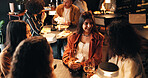 Smile, wine and talking with friends in restaurant for discussion, reunion and conversation. Fine dining, culture and gossip chat with women and drink for weekend, nightlife and social event