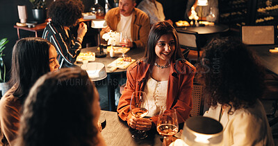 Buy stock photo Smile, wine and talking with friends in restaurant for discussion, reunion and conversation. Fine dining, culture and gossip chat with women and drink for weekend, nightlife and social event