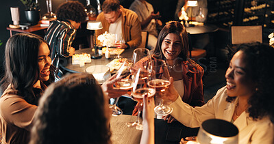 Buy stock photo Happy women, friends and night with cheers in restaurant for celebration, toast or get together. Female people, group or evening out with wine glasses, drink or alcohol for social gathering or event