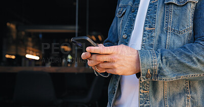 Buy stock photo Phone, cafe and hands of person at front door for delivery tracking, communication and contact. Restaurant app, online order and coffee shop schedule with man for social media and survey rating