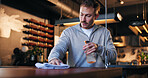Man, bartender and cleaning with cloth for hygiene, dust and service for drinks at restaurant. Person, owner and check for dirt with spray bottle, shine and career with inspection at small business