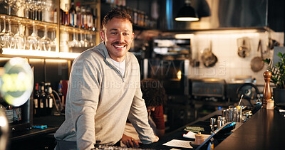 Buy stock photo Smile, portrait or bartender at counter in pub for friendly welcome, customer service or hospitality. Small business, manager and confidence at restaurant for taking orders and ready for happy hour