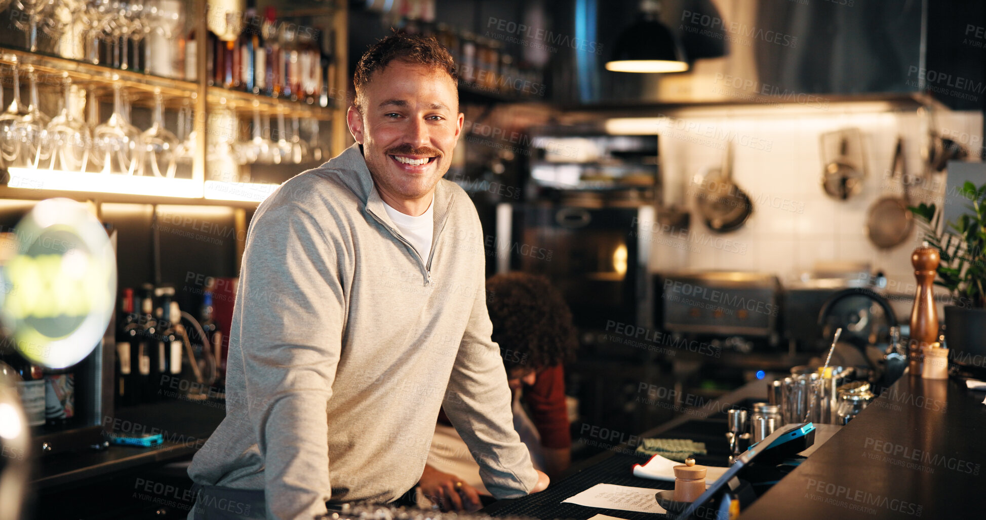 Buy stock photo Smile, portrait or bartender at counter in pub for friendly welcome, customer service or hospitality. Small business, manager and confidence at restaurant for taking orders and ready for happy hour