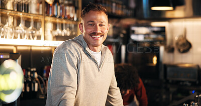 Buy stock photo Smile, portrait or barman at counter in pub for friendly service, customer order or hospitality. Small business owner, man or confidence at restaurant for welcome, night shift or ready for happy hour