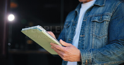 Buy stock photo Tablet, hands and typing with person at cafe for online reservation, survey rating and contact. Customer experience, social media and communication with man in coffee shop for digital review