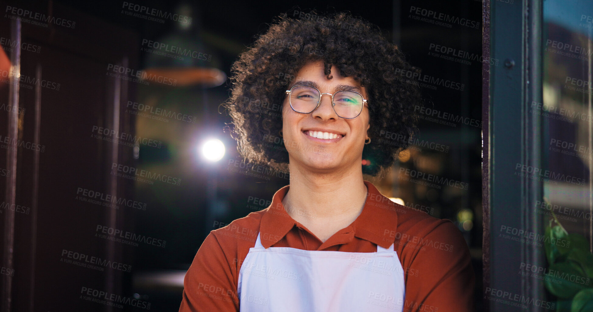 Buy stock photo Pub, portrait and waiter with smile at door for friendly welcome, hospitality and customer service. Barista, small business and man at storefront for restaurant management and ready for happy hour