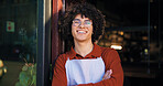 Pub, portrait and barista with arms crossed at door for friendly welcome, hospitality and waiting. Server, small business and man with smile at entrance for customer service and ready for happy hour