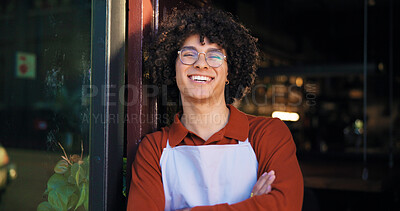 Buy stock photo Pub, portrait and barista with arms crossed at door for friendly welcome, hospitality and waiting. Server, small business and man with smile at entrance for customer service and ready for happy hour
