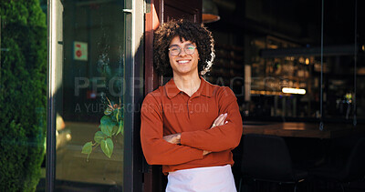 Buy stock photo Pub, portrait and waiter with arms crossed at door for friendly welcome, hospitality and waiting. Server, small business and man with smile at entrance for customer service and ready for happy hour