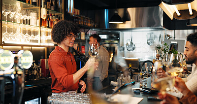 Buy stock photo Wine tasting, alcohol and man with glass in restaurant for customer service, order and hospitality. Nightclub, pub and bartender with drinks, beverage and liquid for serving people in happy hour