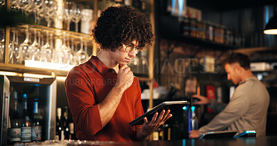 Buy stock photo Pub manager, man and thinking with tablet for sales report, inventory checklist and menu review. Small business, bartender and digital app in restaurant for supplier management and online stock order