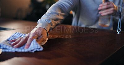 Buy stock photo Cleaning, waiter and hands with spray, bar and chemical for hygiene, routine and sanitary for germs. Small business, disinfection and person with liquid for dirt, bacteria and maintenance at night