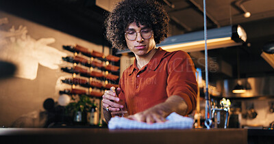 Buy stock photo Routine, waiter and man with spray, bar and chemical for cleaning, hygiene and sanitation for germs. Small business, disinfection and person with liquid for dirt, bacteria and maintenance at night