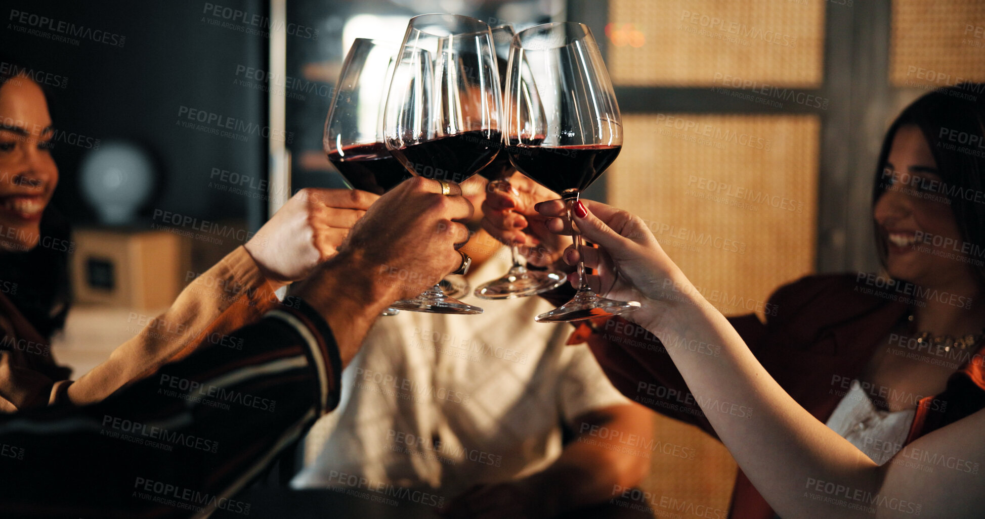 Buy stock photo Happy friends, night and wine glasses with cheers for social event or get together in restaurant. Group, people or hands with alcohol or toast in celebration for friendship, evening out or dining