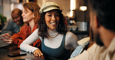 Buy stock photo Happy, friends and woman in restaurant laugh for bonding, social gathering and talking on weekend. Relax, bar and people in conversation for reunion, connection and hangout together on night out