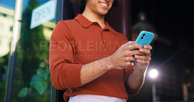 Buy stock photo Phone, waiter and hands of person at cafe for delivery tracking, small business owner and contact. Restaurant manager, online order and coffee shop schedule with employee for inventory update