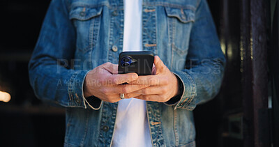 Buy stock photo Phone, typing and hands of person at cafe for delivery tracking, small business owner and contact. Restaurant manager, online order and coffee shop schedule with employee for inventory update