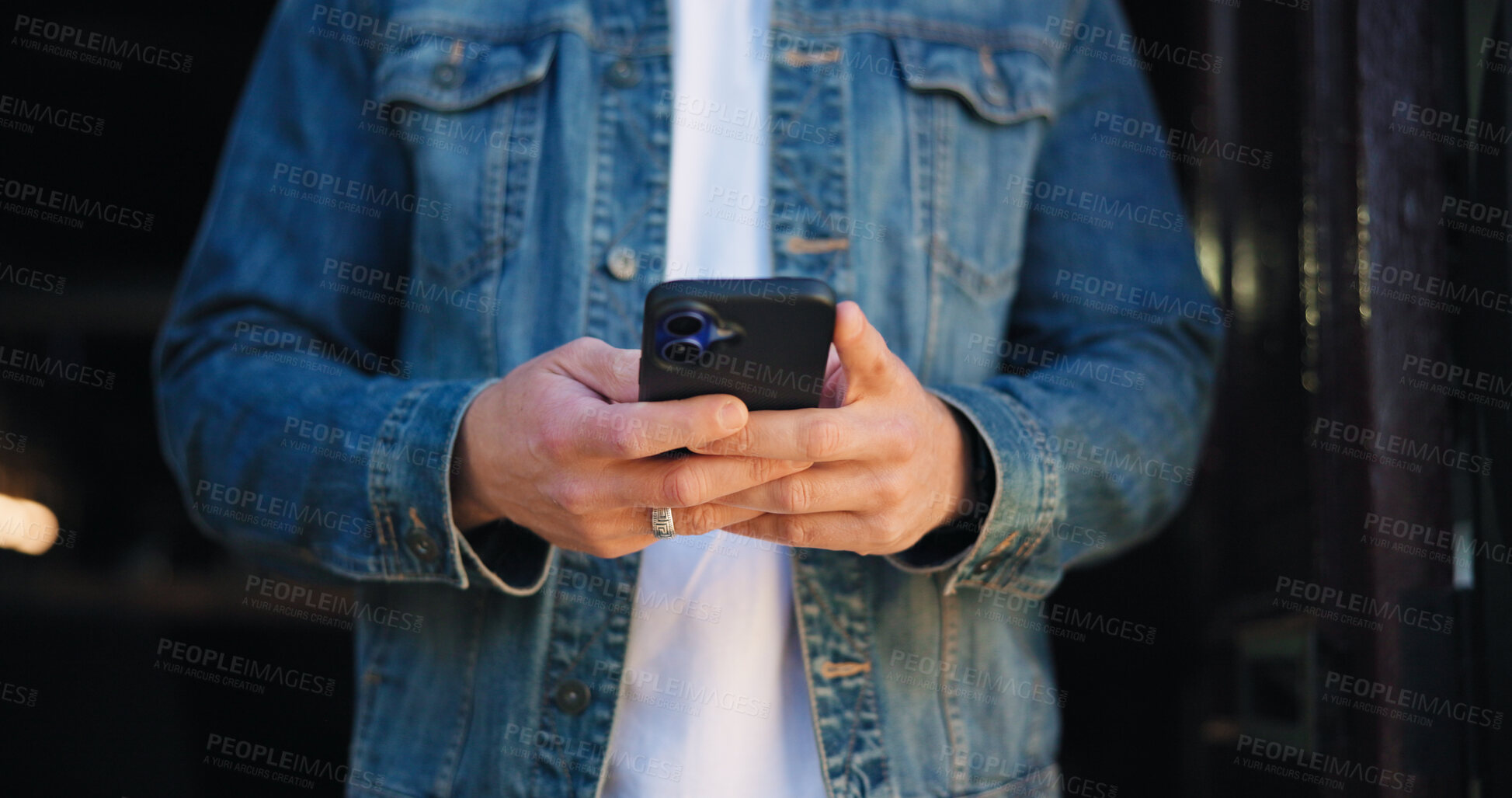 Buy stock photo Phone, typing and hands of person at cafe for delivery tracking, small business owner and contact. Restaurant manager, online order and coffee shop schedule with employee for inventory update