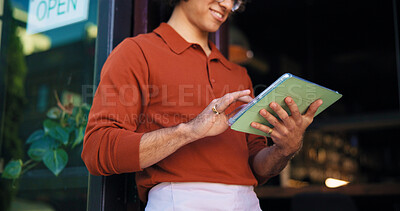 Buy stock photo Tablet, waiter and hands of person at cafe for delivery tracking, small business owner and contact. Restaurant manager, online order and coffee shop schedule with employee for inventory update