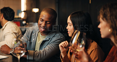 Buy stock photo Phone, friends and people in restaurant talking for bonding, social gathering and online dating. Smartphone, bar and man with woman in conversation for reunion, connection and hangout on night out