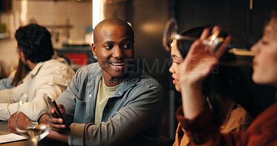 Buy stock photo Happy, phone and friends in restaurant talking for bonding, social gathering and networking on weekend. Relax, bar and man with woman in conversation for reunion, connection and hangout together