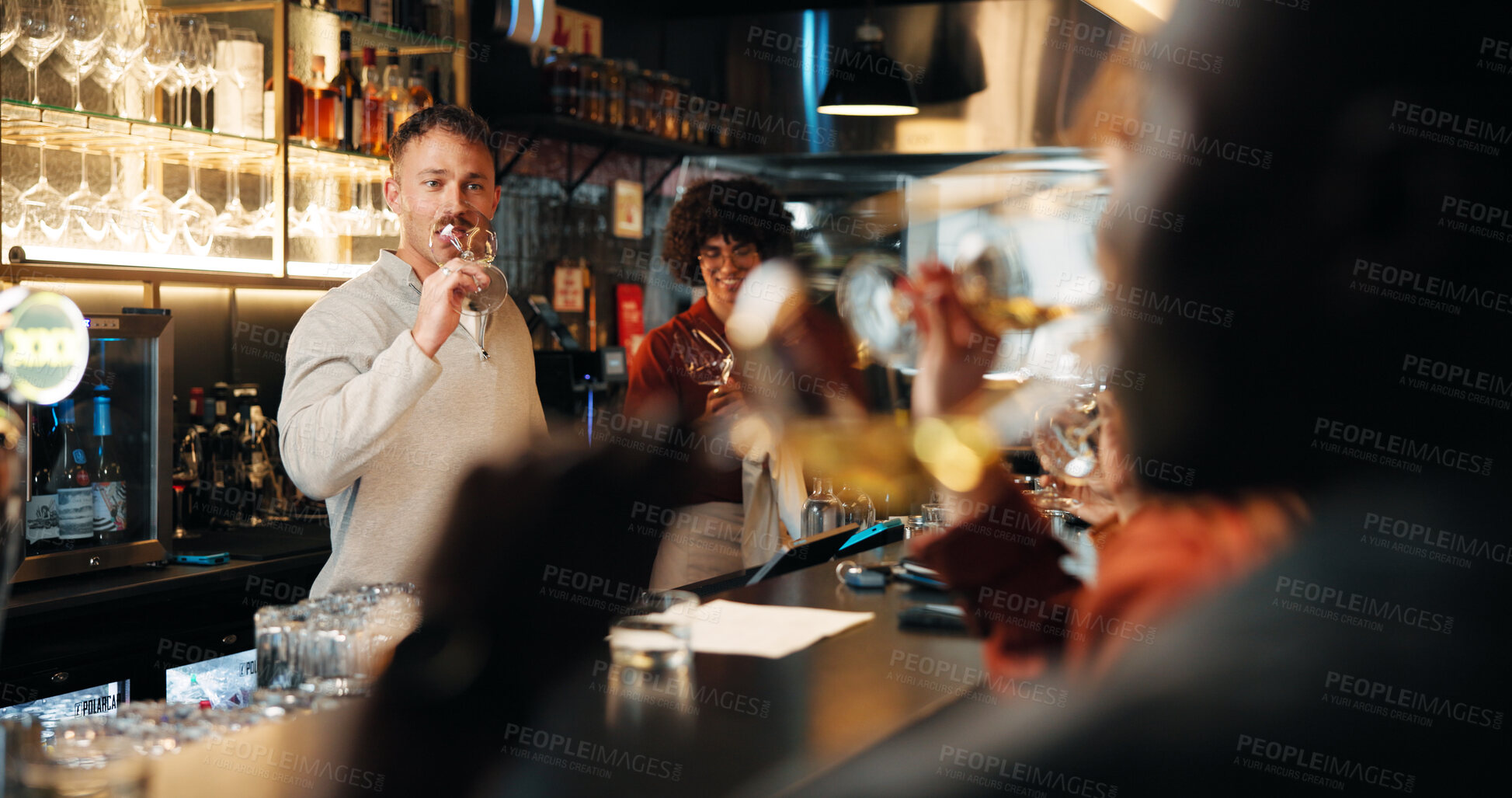 Buy stock photo Barman, wine tasting and service with glass at restaurant for  vintage, flavor profile and test. Person, bartender and guide with alcohol, drinks and social event at bar with customer experience