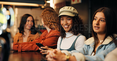 Buy stock photo Portrait, friends and woman with phone in restaurant for social media, message and networking. Nightclub, happy and people on smartphone for gathering, hangout and online dating app on weekend