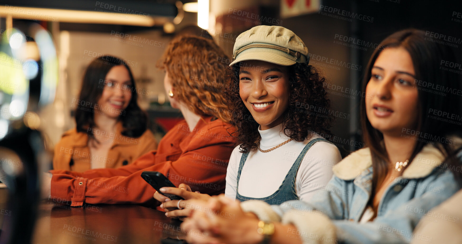 Buy stock photo Portrait, friends and woman with phone in restaurant for social media, message and networking. Nightclub, happy and people on smartphone for gathering, hangout and online dating app on weekend