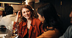 Talking, friends and women in bar, smile or bonding on night out, discussion and alcohol on weekend. Happy, people and conversation on break in pub, evening and together with beverage and liquor