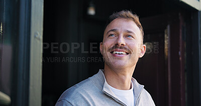 Buy stock photo Thinking, entrepreneur and man with smile, door or pride for launch of startup, cafe or hospitality. Happy, business owner and person in coffee shop, reflection and ambitious for restaurant and ideas