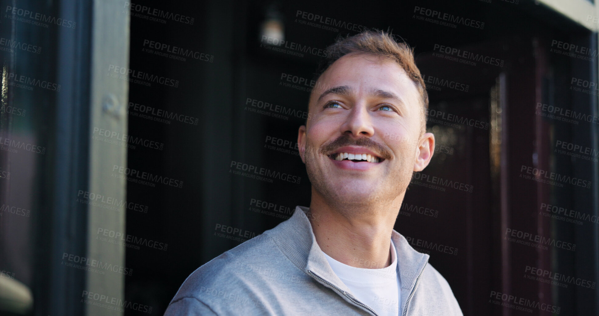 Buy stock photo Thinking, entrepreneur and man with smile, door or pride for launch of startup, cafe or hospitality. Happy, business owner and person in coffee shop, reflection and ambitious for restaurant and ideas