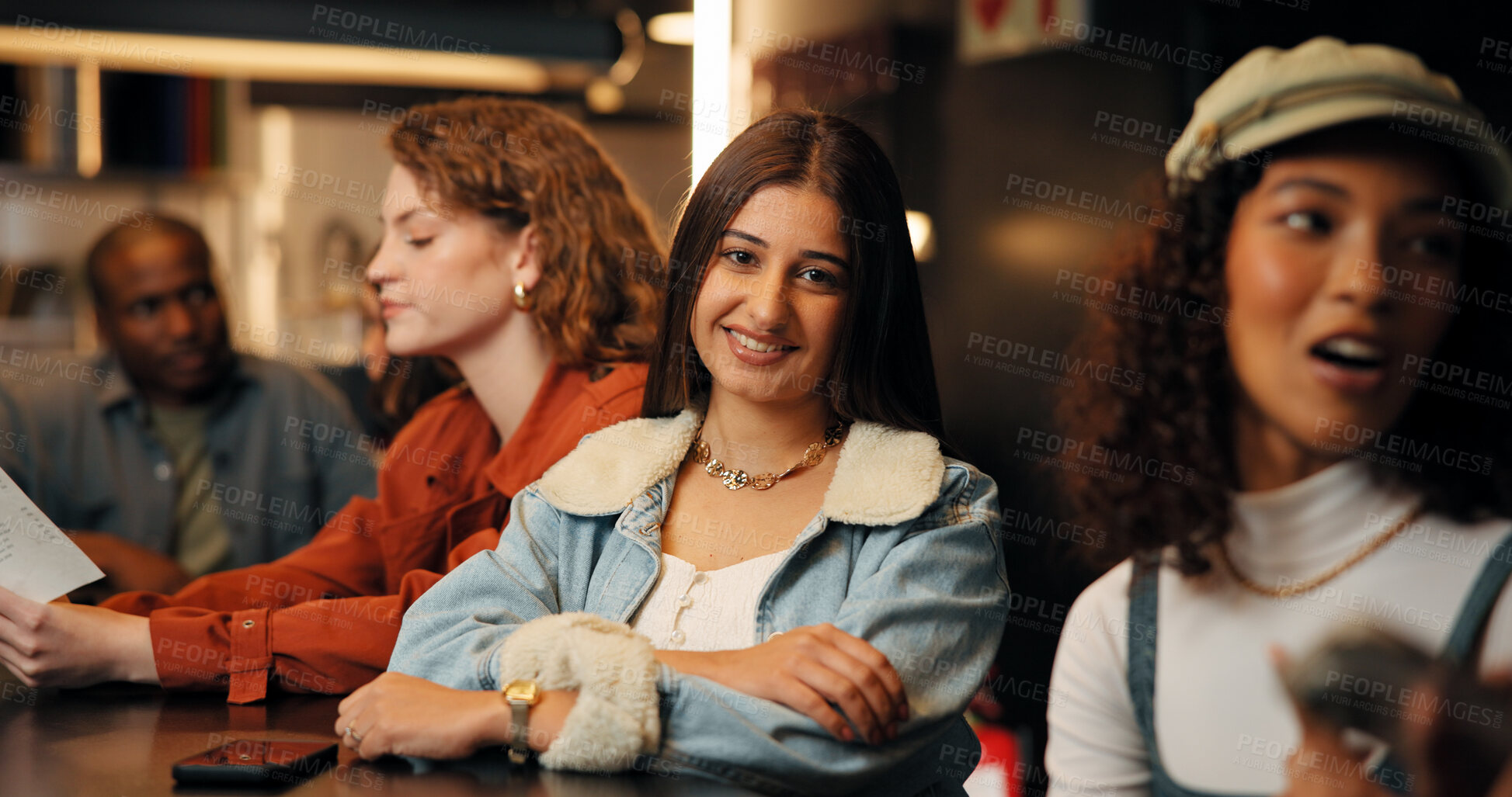 Buy stock photo Portrait, smile and woman at restaurant with friends for hangout, chill and relax together at table. Happy person, night and social gathering with girls on weekend for reunion with vibes at event