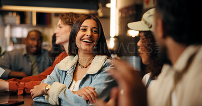 Buy stock photo Relax, friends and woman in restaurant talking for bonding, social gathering and chill on weekend. Happy, bar and people in conversation for reunion, connection and hangout together on night out