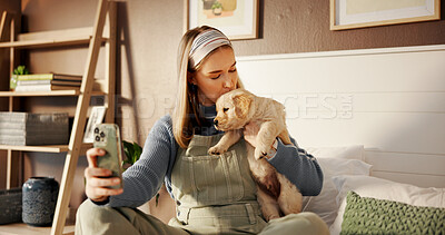 Buy stock photo Selfie, kiss and puppy with woman in home for social media post, pet influencer and love. Dog content creator, photography and golden retriever with person in apartment for animal care and trust