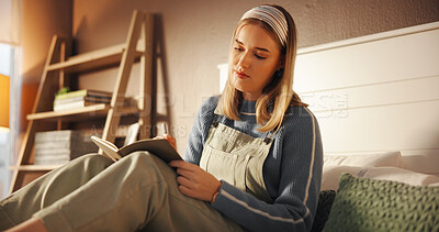 Buy stock photo Writing, notebook and idea with student in bedroom for study, assignment due date or course. University reminder, gpa progress and academic calendar with woman in home with journal and college grades