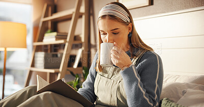 Buy stock photo Coffee, reading and woman with book on bed for morning on weekend with literature knowledge. Cappuccino, relax and female person with self help story, novel or chapter in bedroom at apartment.