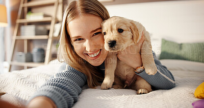 Buy stock photo Happy, woman and selfie with puppy on bed for adoption memory, social media update or development. Dog mom, portrait and photography with labrador in home for profile picture, companion or connection