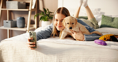 Buy stock photo Smile, girl and selfie with puppy on bed for adoption memory, social media update or development. Dog mom, insurance and photography with labrador in home for profile picture, companion or connection