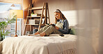 Writing, notebook and planning with student in bedroom for college grades, assignment due date and course. University reminder, gpa progress and academic calendar with woman in home with journal