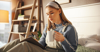 Buy stock photo Writing, notebook and coffee with student in bedroom for study assignment due date and course. University reminder, GPA progress and academic calendar with woman and tea in home with journal