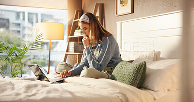 Buy stock photo Research, online and woman with laptop in bedroom, think and student with assignment on web in home. Reflection, pupil and person with tech for exam, learn or knowledge for test on app or scholarship