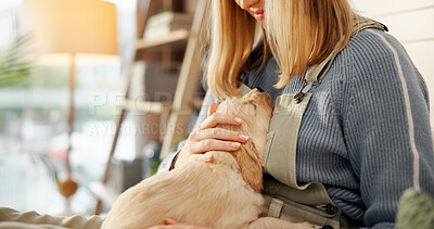 Buy stock photo Hands, stroke puppy and hug on bed in home, love and care with comfort for bonding in morning. Person, dog and pet animal with embrace, cuddle or touch fur with loyalty in bedroom at apartment