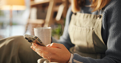 Buy stock photo Coffee, phone and hands of woman with networking, connectivity or social media with mobile app. Bed, relax and female person with cappuccino and cellphone for communication in bedroom at apartment.