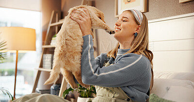 Buy stock photo Playing, bonding and woman with dog on bed for happiness, connection or adoption in home. Love, relax and female person with Labrador puppy for pet, animal or companion in bedroom at house together.