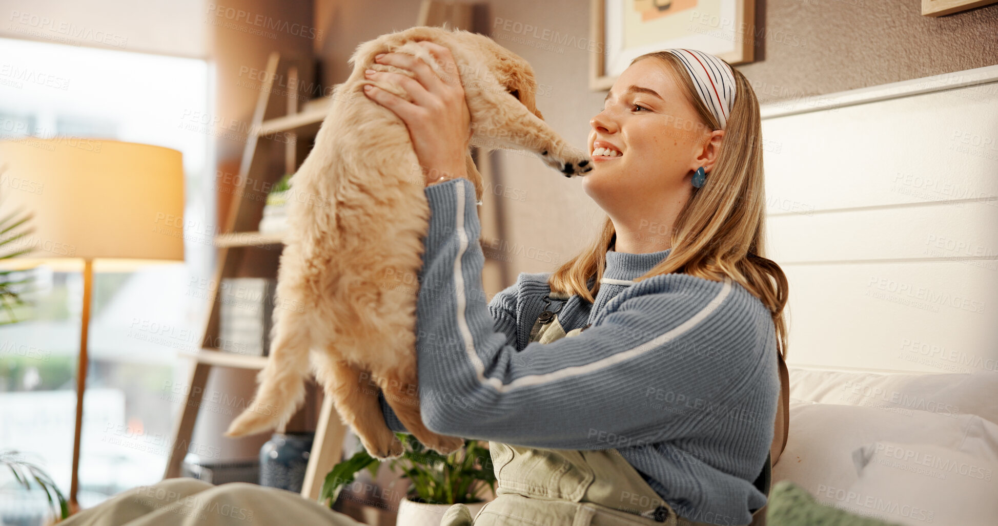 Buy stock photo Playing, bonding and woman with dog on bed for happiness, connection or adoption in home. Love, relax and female person with Labrador puppy for pet, animal or companion in bedroom at house together.