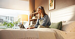 Girl, student and typing on laptop on bed for online education, check test results or writing essay. Home, person and tech in bedroom for scholarship application, web research or weekend productivity