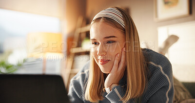 Buy stock photo Girl, smile and relax with laptop on bed for watching series, reading online news and social media. Happy, woman and technology in house for weekend break, internet movie and streaming subscription